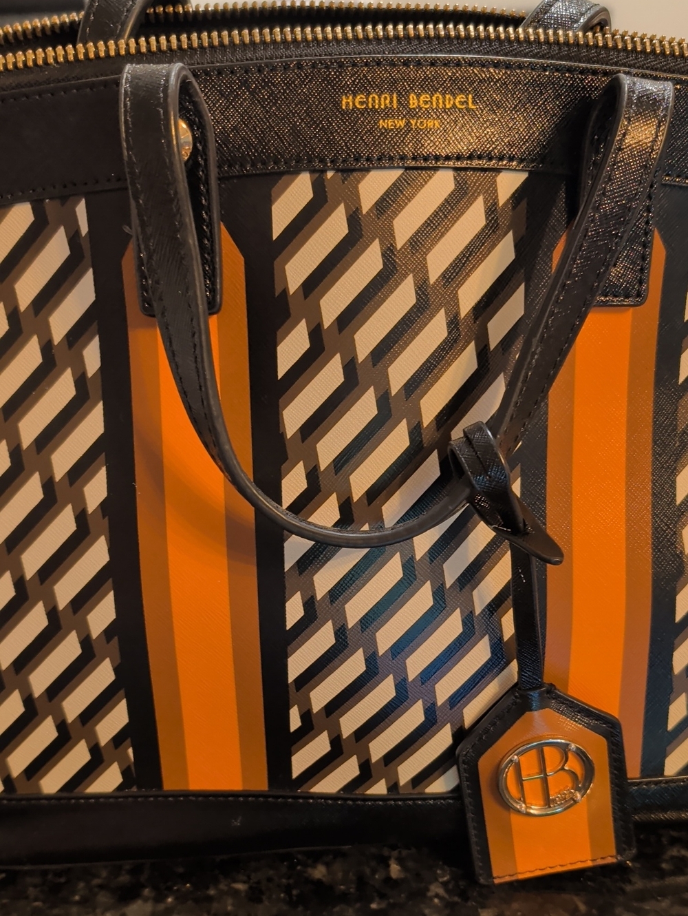 Henri Bendel Black, Orange & Cream Geometric Dome Satchel with Wallet - Picture 3 of 12